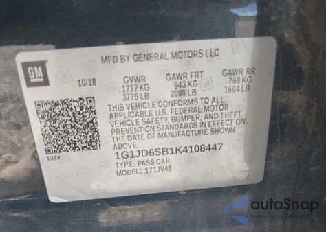 2019 Chevrolet Sonic Lt Auto из США, поврежденный, VIN 1G1JD6SB1K4108447